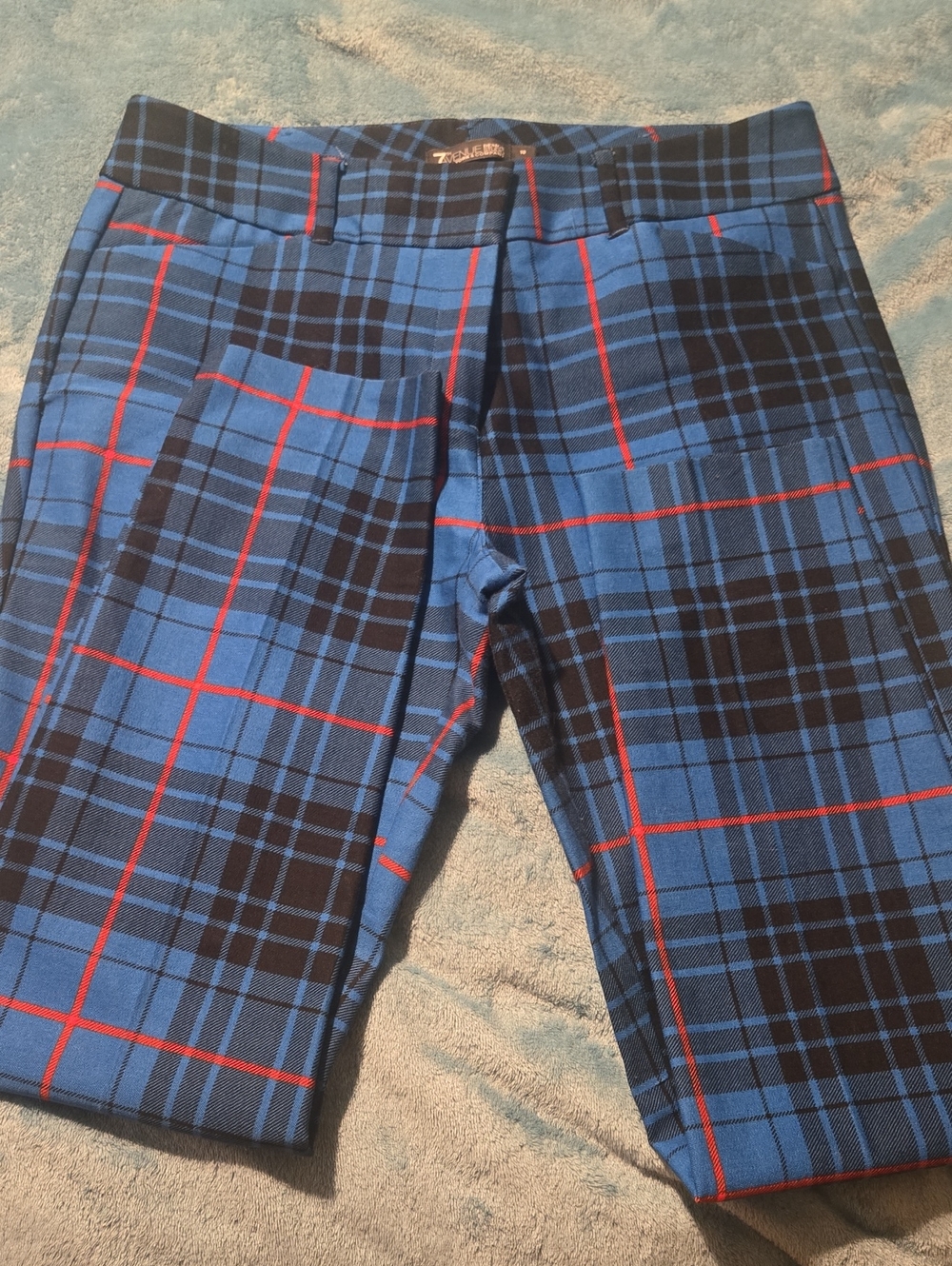 New York & Company Blue Plaid Straight Leg Pants with Red Accents